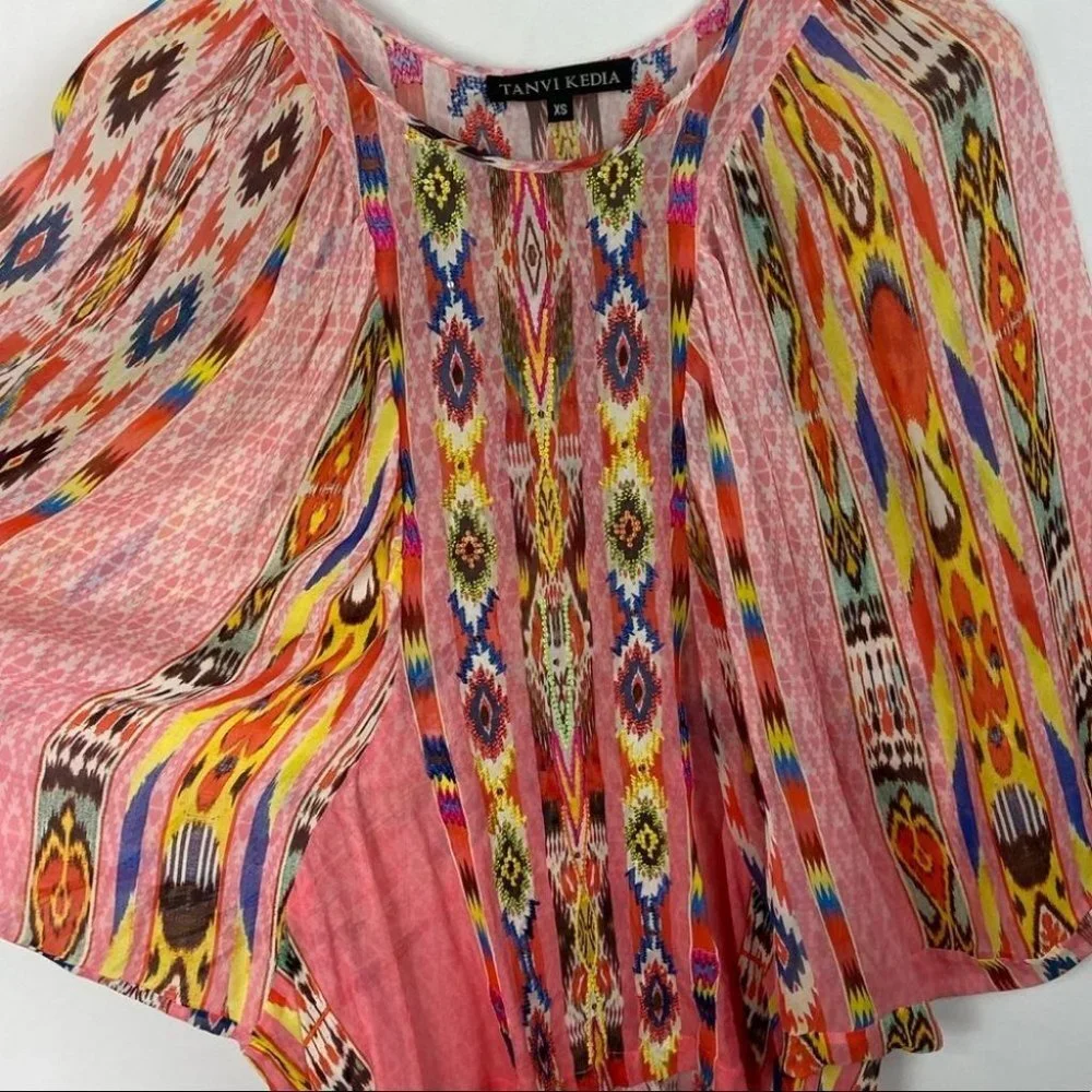 Anthropologie Tanvi Kedia Shivali Doman Sleeve‎ Top Pink Size XS Bohemian Boho - Picture 7 of 11